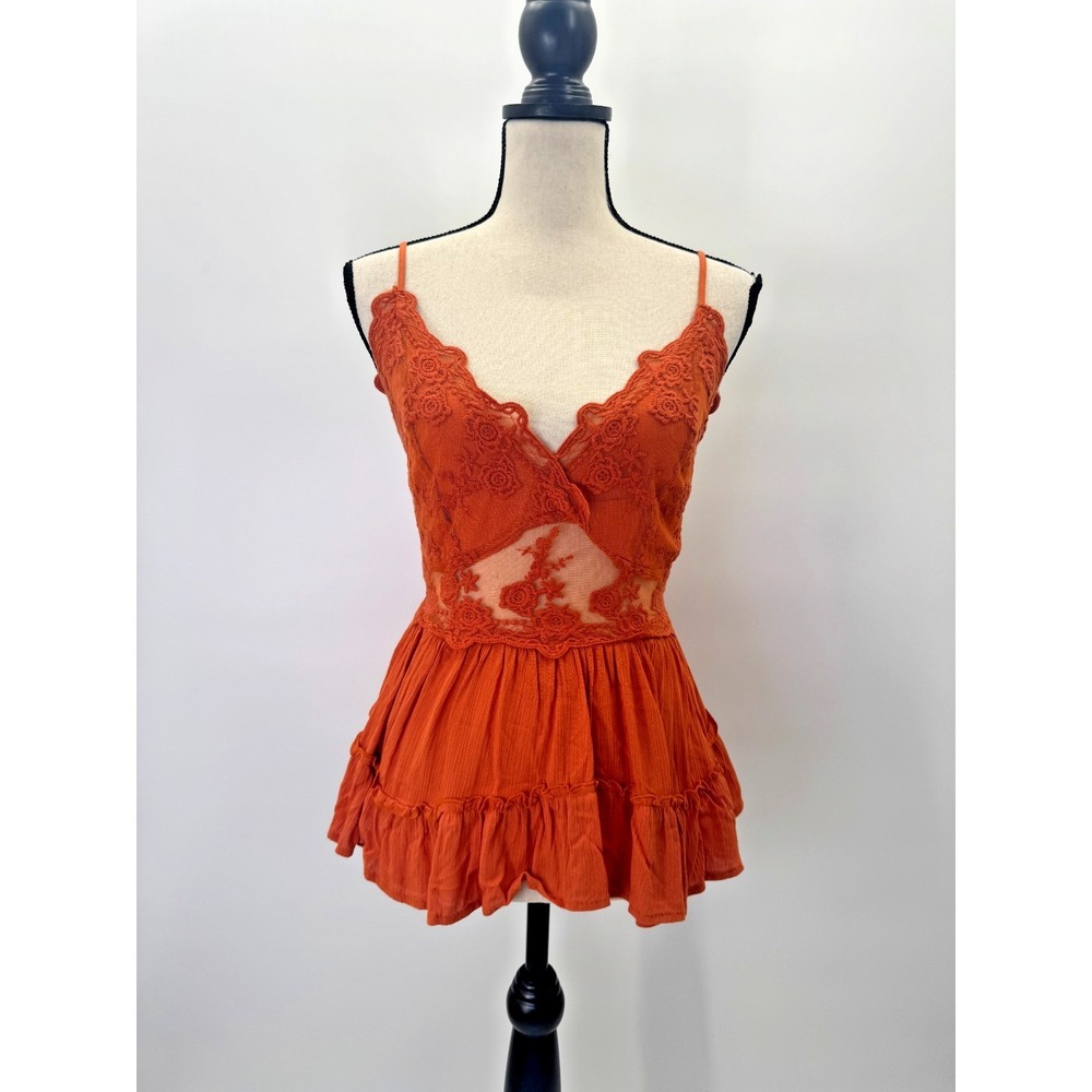 Blue Rain Boho Babydoll Ruffle Lace Crochet Cut Out Mesh Top Medium Festival